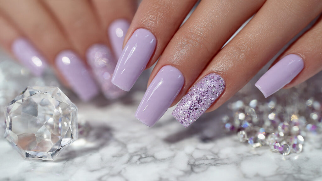 purple glitter accent spring nail design