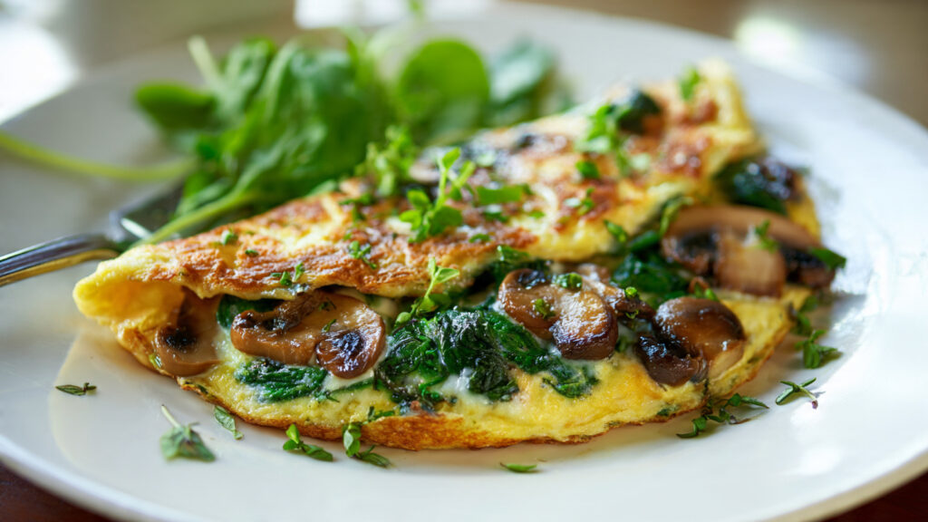 Spinach and mushroom omelette garnished with herbs on a plate