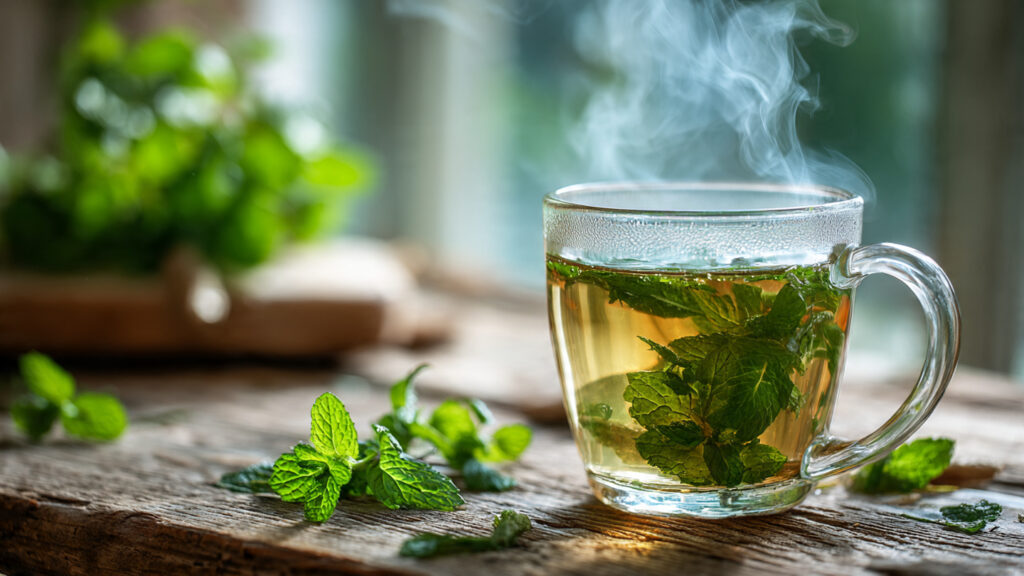 peppermint herbal detox tea with fresh mint leaves