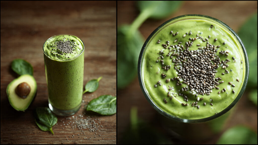 Spinach and avocado smoothie garnished with chia seeds in clear glass