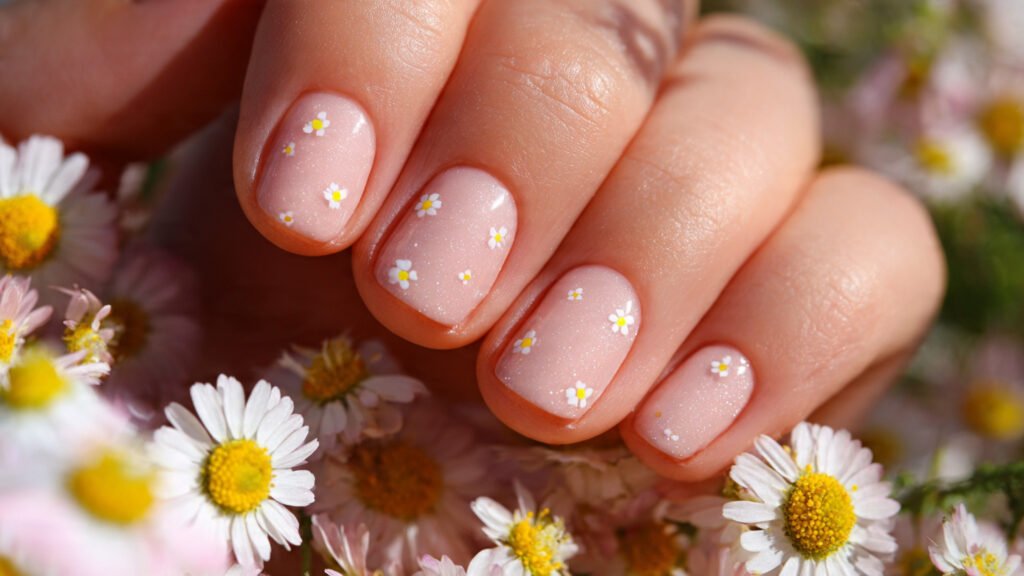 spring nails inspo with white daisy flower nail art