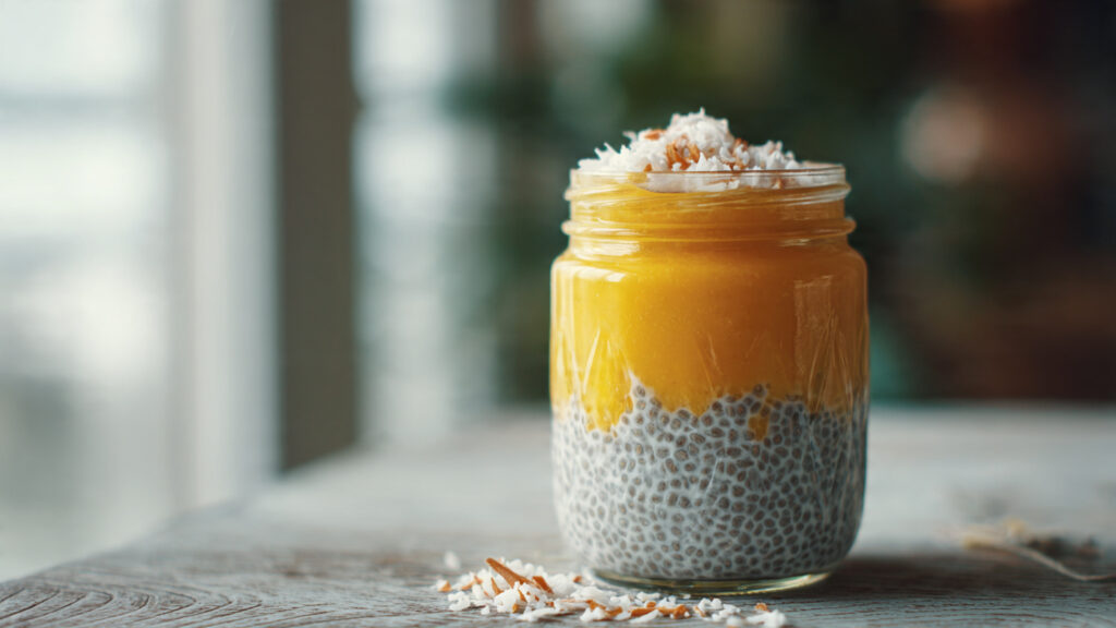 Mango chia pudding for healthy breakfast.