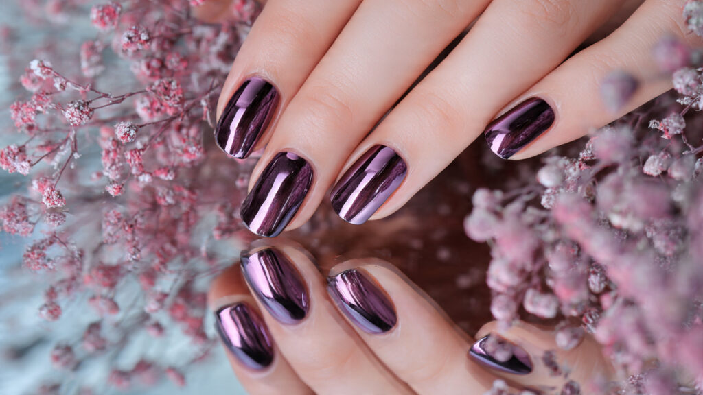purple chrome spring nails manicure