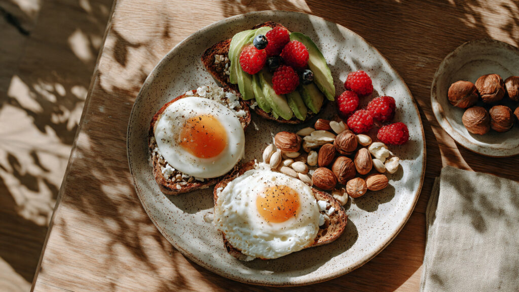 Protein-rich breakfast with eggs, avocado, and berries for cortisol balance