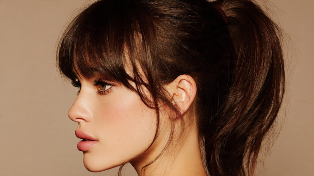 High ponytail with wispy bangs.
