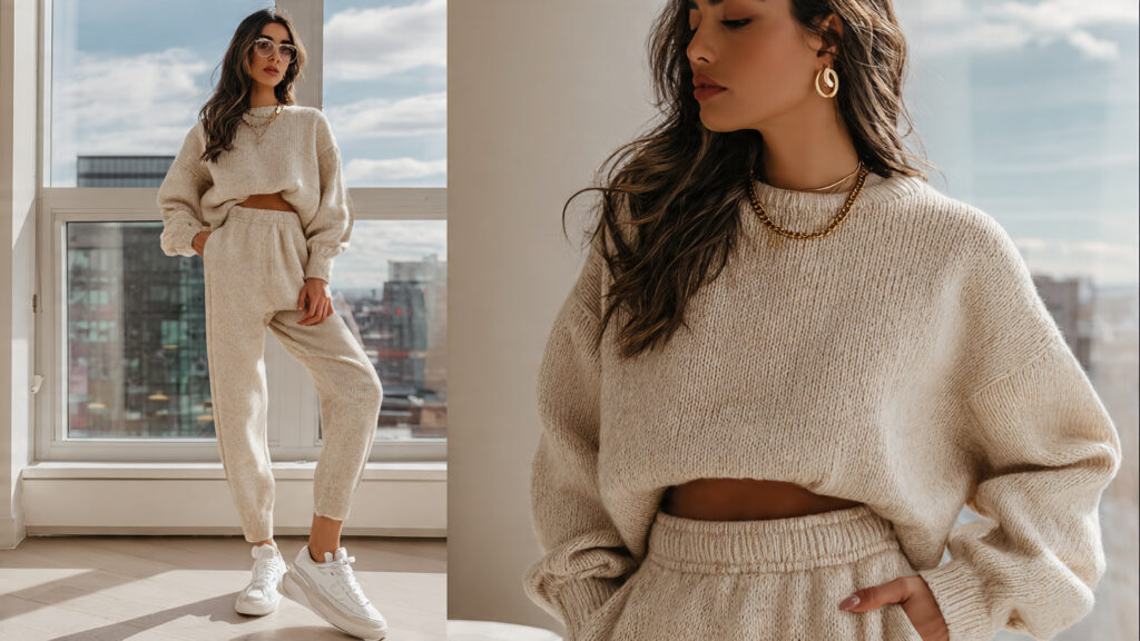 neutral knit matching set outfit idea