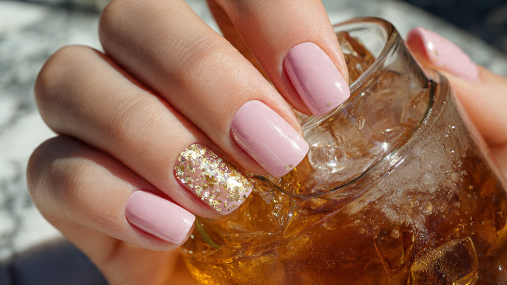 Glitter accent spring break nails for trendy look.