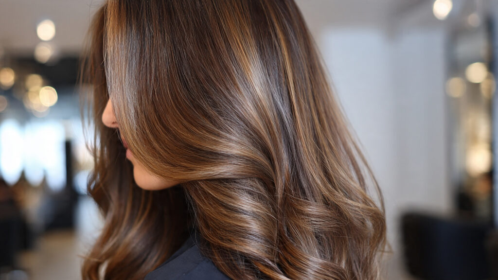light brown ribbon highlights on brunette hair