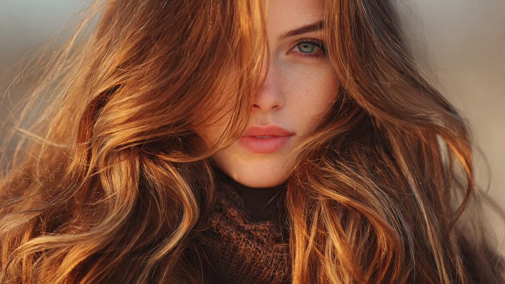 Long brunette hair with golden blonde highlights.