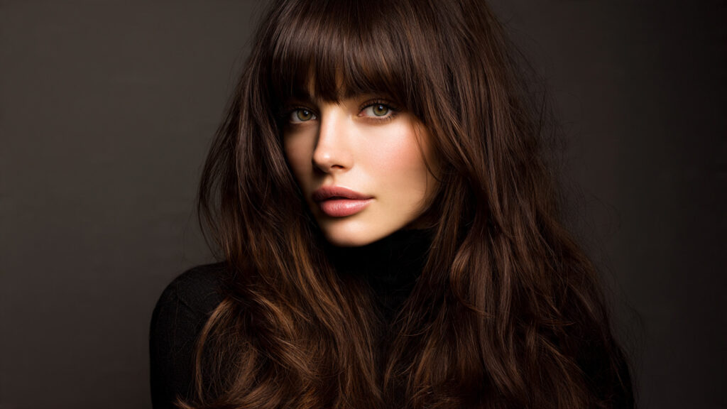 Long layered hair with wispy bangs.