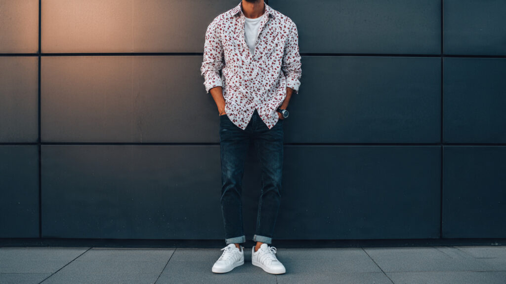 casual shirt white sneakers spring outfit men