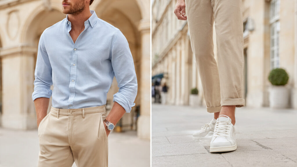 button down shirt light chinos spring outfit men