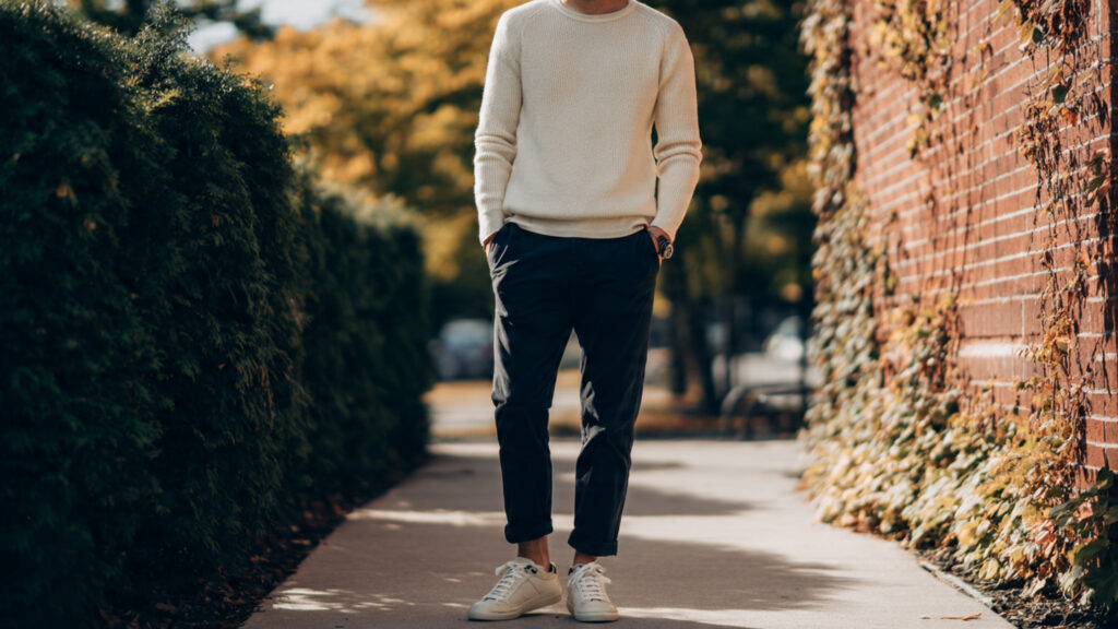 knit sweater slim pants spring outfit men