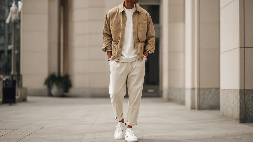 neutral layered spring outfit men