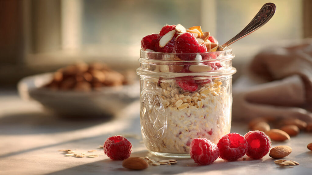 Overnight oats with chia seeds and berries.
