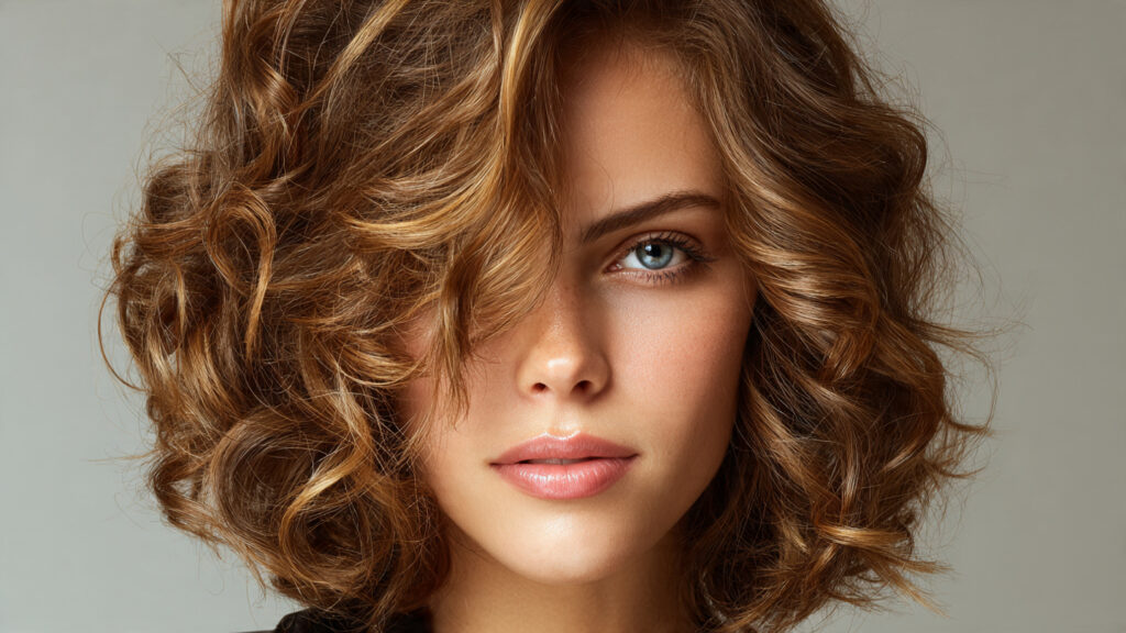  Medium brunette hair with honey blonde highlights.