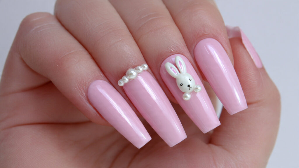 Pink coffin nails with 3D Easter bunny charm accent.