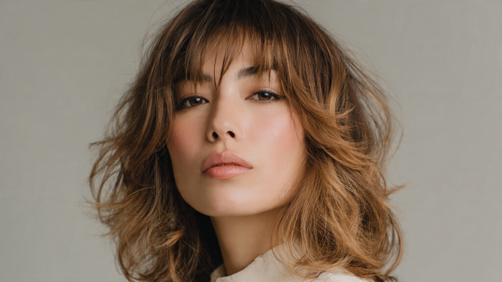 Wispy curtain bangs with medium hair.