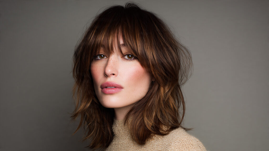 Side swept wispy bangs hairstyle.