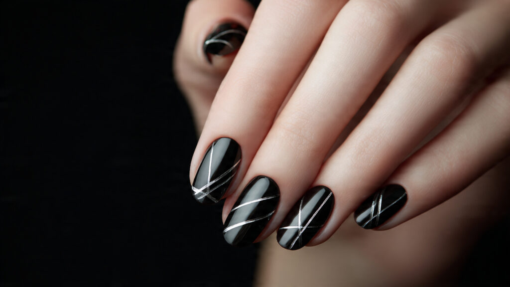 black minimalist line nail design