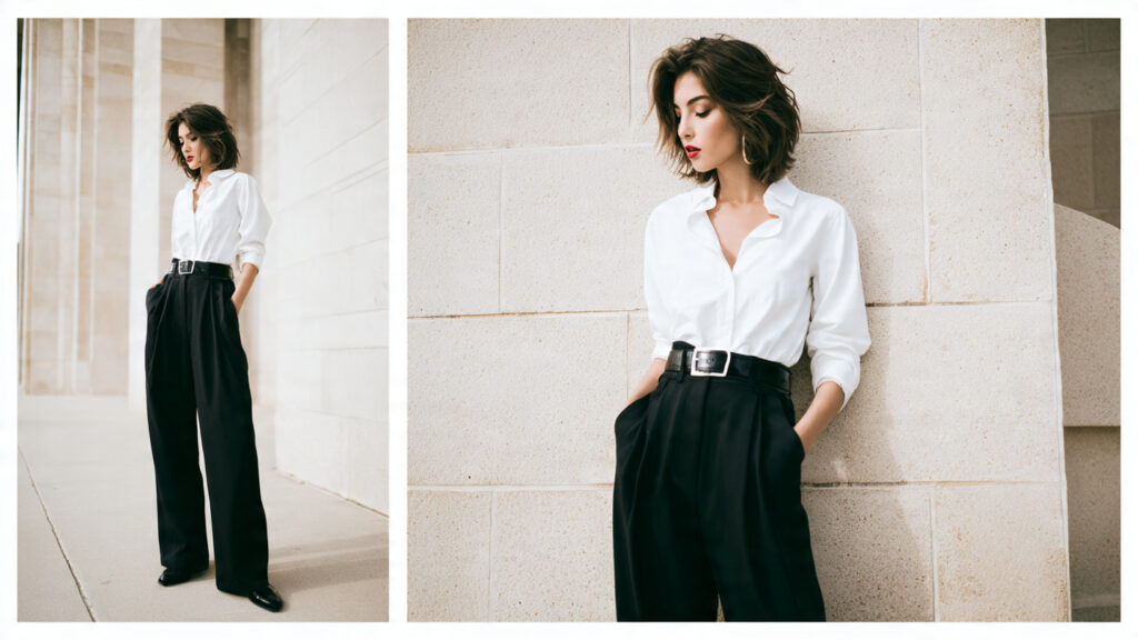 white shirt with wide leg trousers outfit