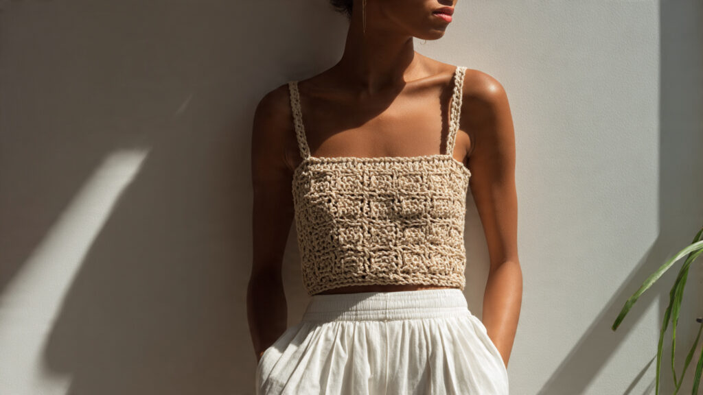 Beige square neck crochet camisole styled for summer.