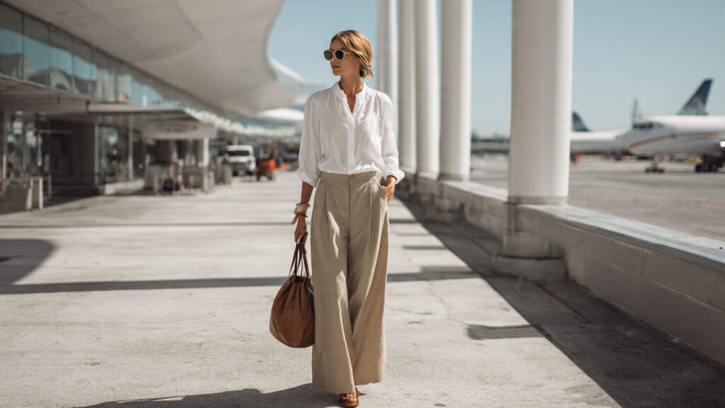 white shirt and wide leg pants airport outfit minimalist chic travel style