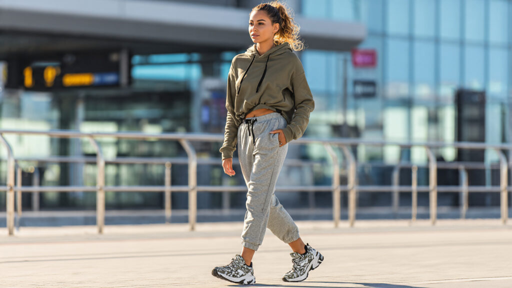 athleisure airport outfit with joggers and sneakers for stylish travel comfort