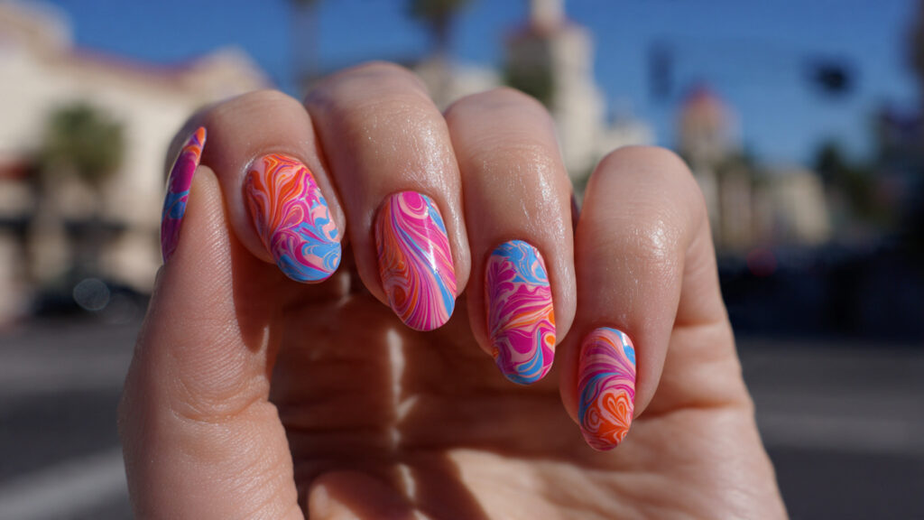 Colorful swirl spring break nails for trendy style.