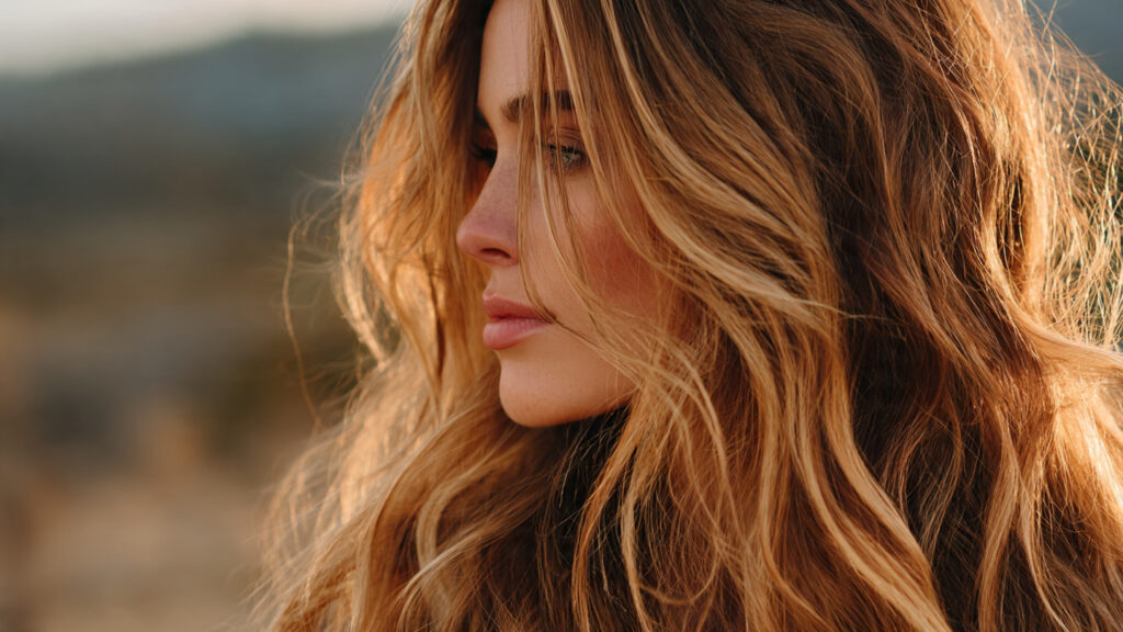 Sun-kissed blonde highlights on natural brunette hair.