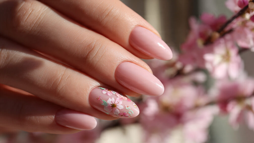 floral accent nude spring nails inspo