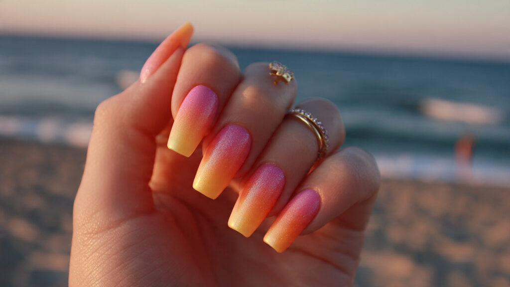 Sunset ombre spring break nails design.