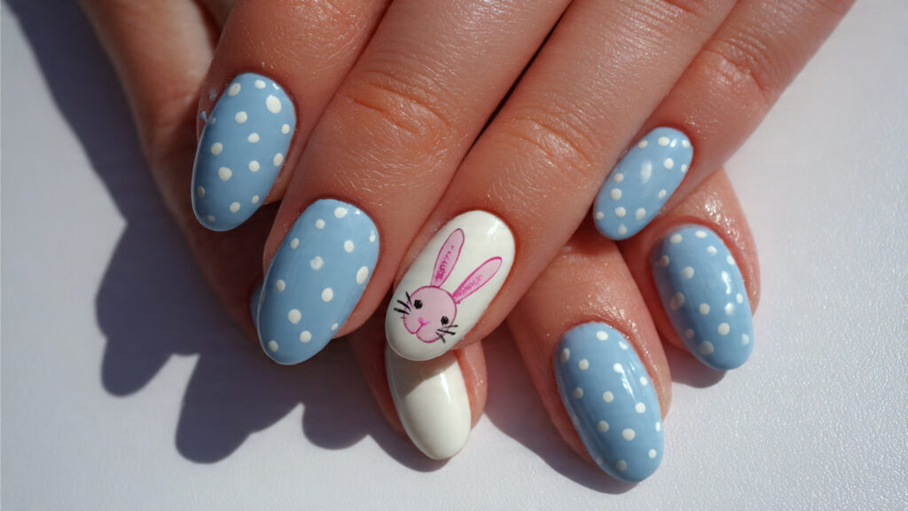Pastel blue Easter bunny nails with white polka dots.