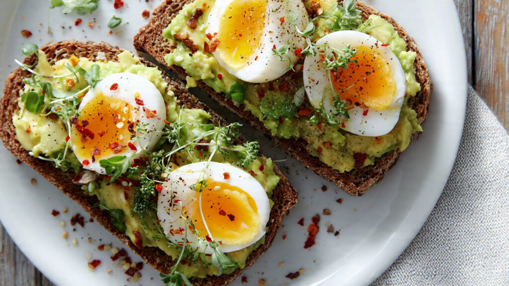 Avocado toast with egg on whole grain bread for easy breakfast.