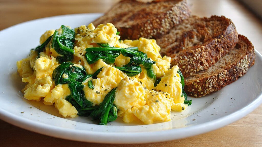 Scrambled eggs with spinach and toast for breakfast.