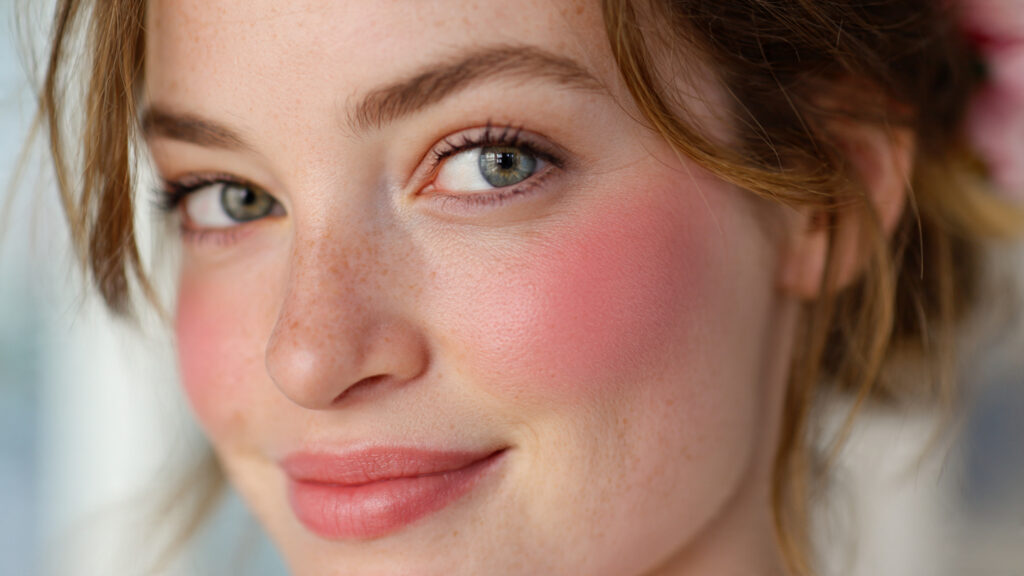 Coral blush focused quick makeup look.