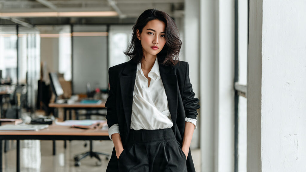 classic blazer and tailored trousers office outfit