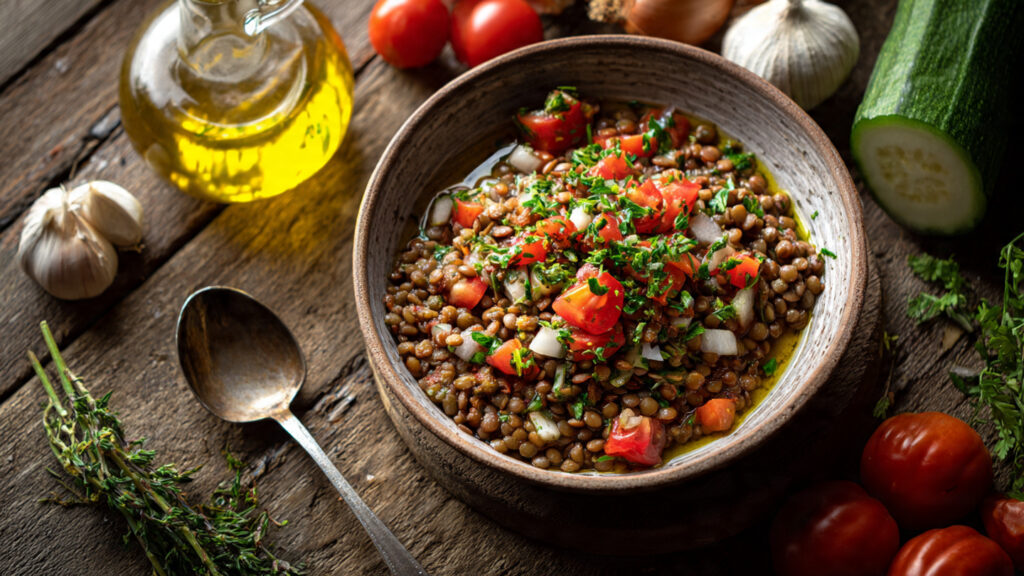 cooked lentils in bowl high fiber plant based food