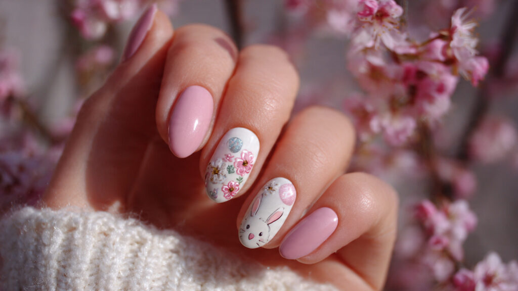 short Easter nails with cute bunny accent design