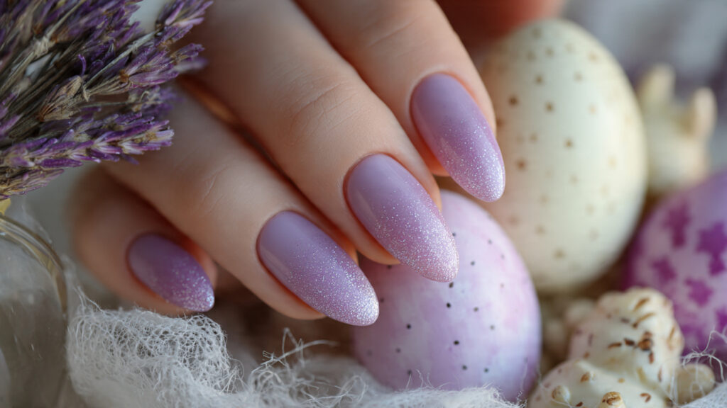 lavender glitter short Easter nail design