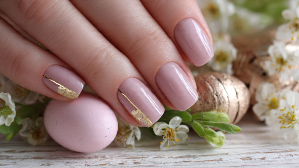 soft pink short Easter nails with gold foil accents