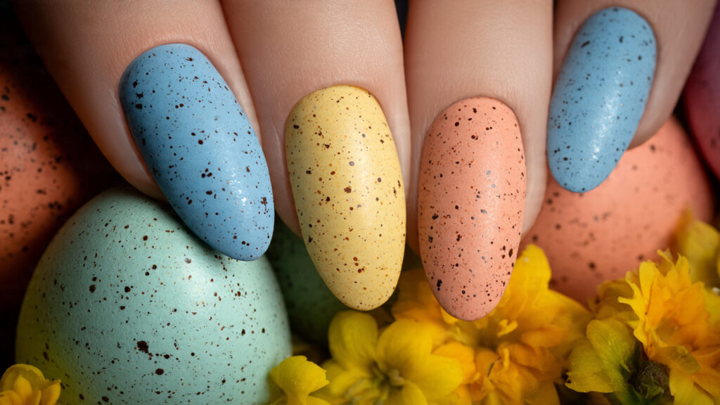 short Easter egg speckled nail design in pastel colors