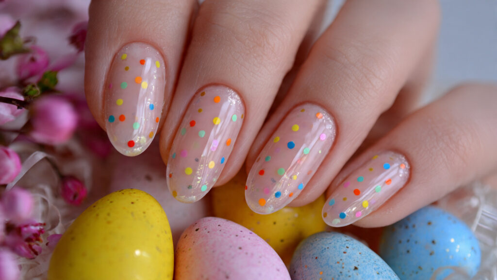 short Easter confetti nails with pastel dots
