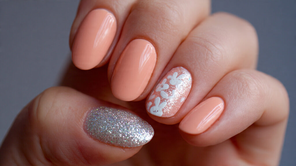 Glitter accent Easter bunny nail design.