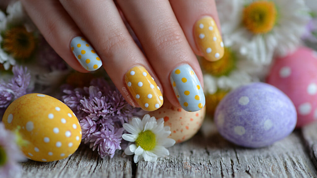 pastel short Easter nails with polka dots