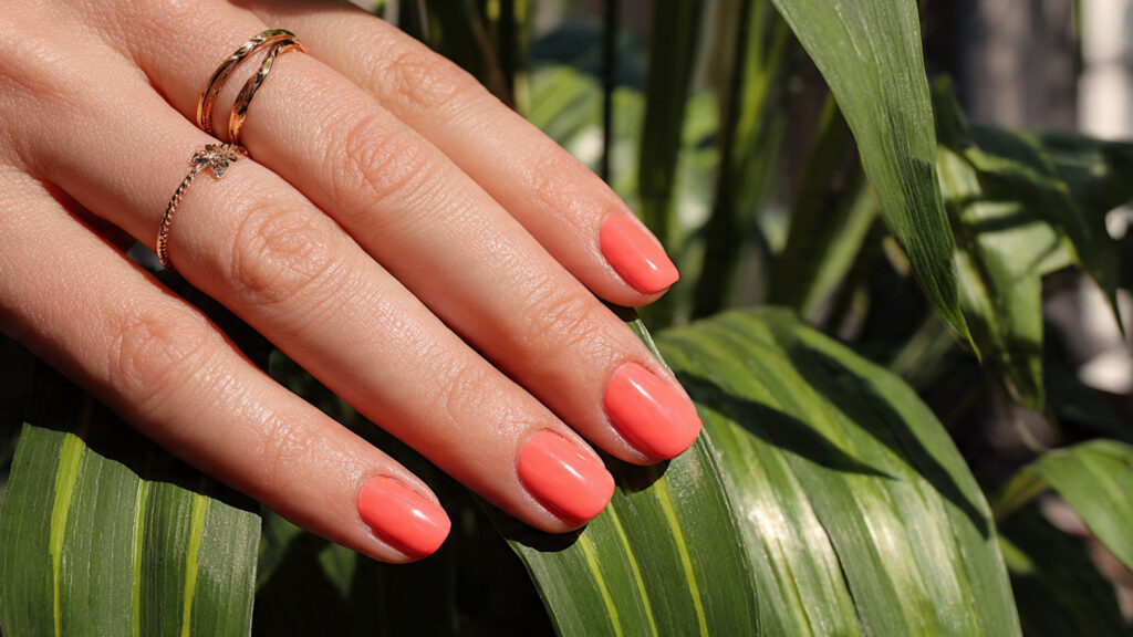 Bright coral short spring break nails.