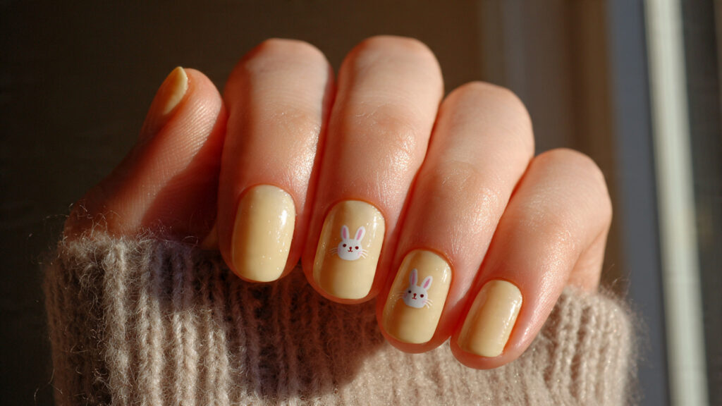 Pale yellow nails with tiny Easter bunny faces.