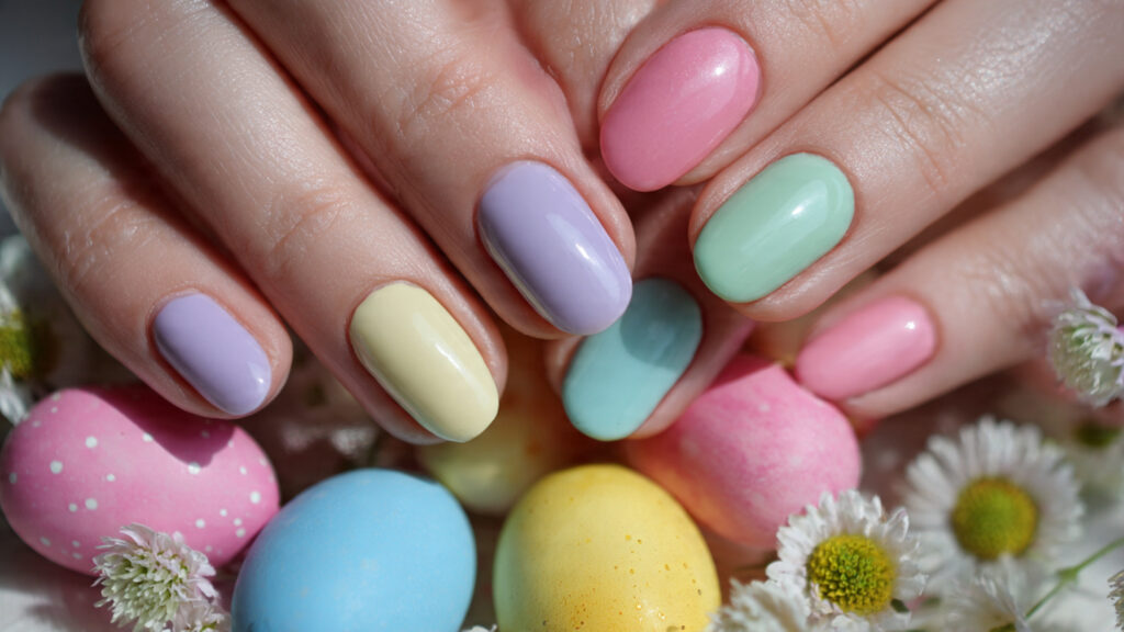 pastel rainbow short Easter nails with soft spring colors