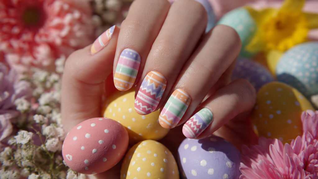 short Easter nails with colorful egg patterns