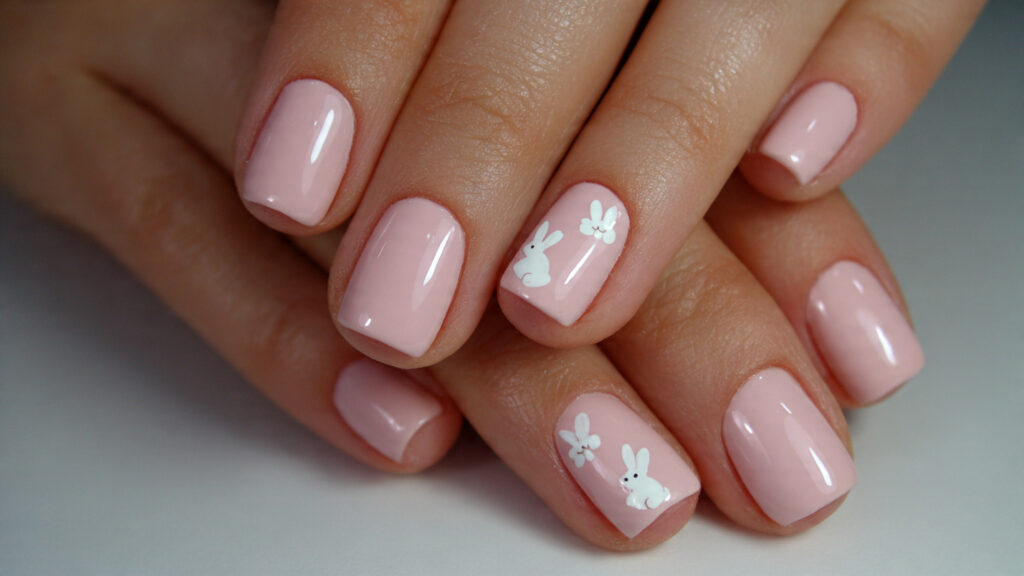 Minimal blush pink nails with white bunny silhouette accents.